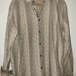 Bugatchi Uomo Men’s Button Down Shirt Brown Stripe Dot Embroidered Cotton
